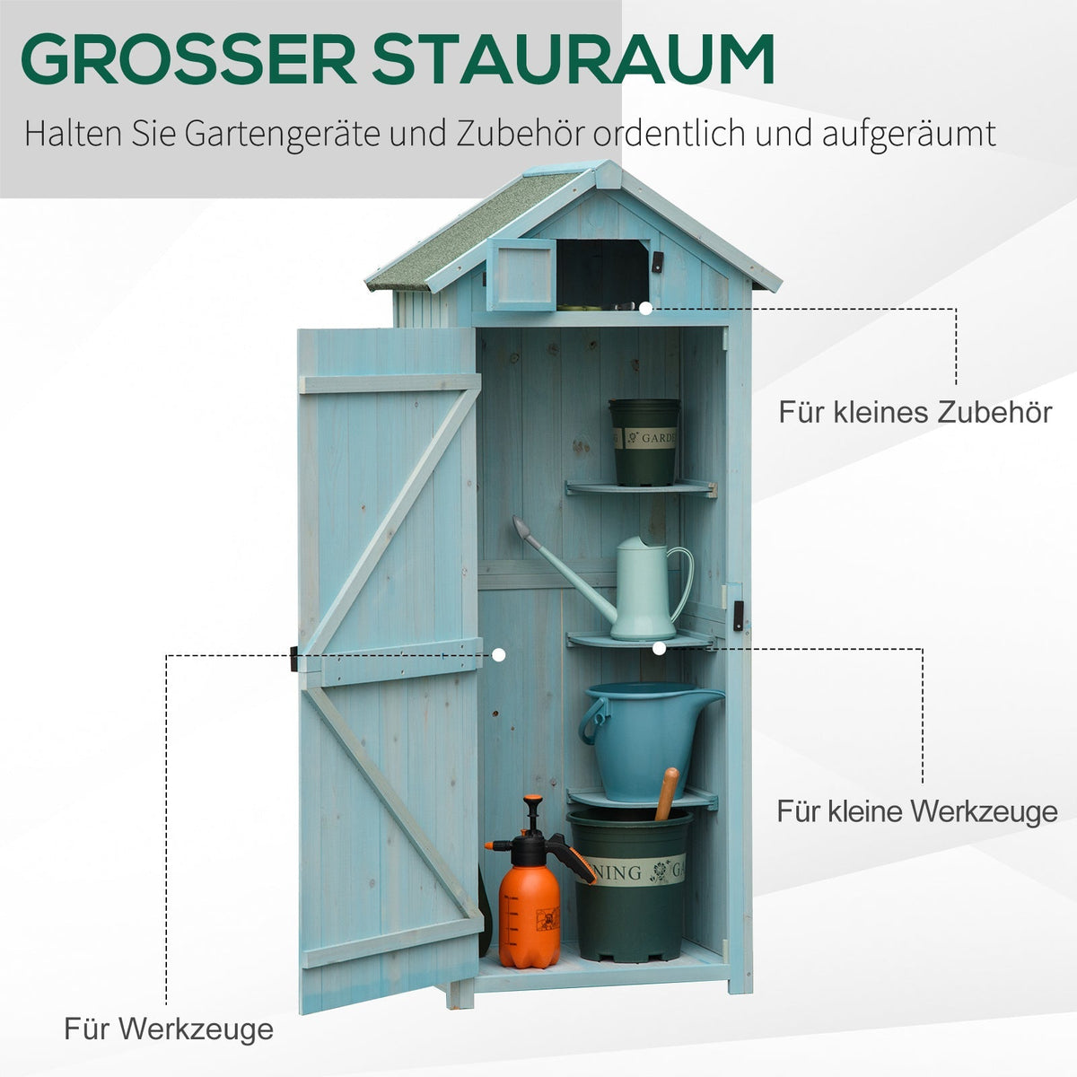 garden cabinet tool shed with shelves and windows, wood in light blue and green