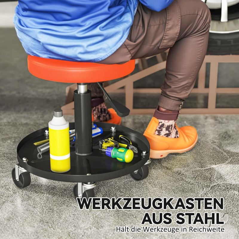 Workshop Stool, Adjustable Height Rolling, Orange