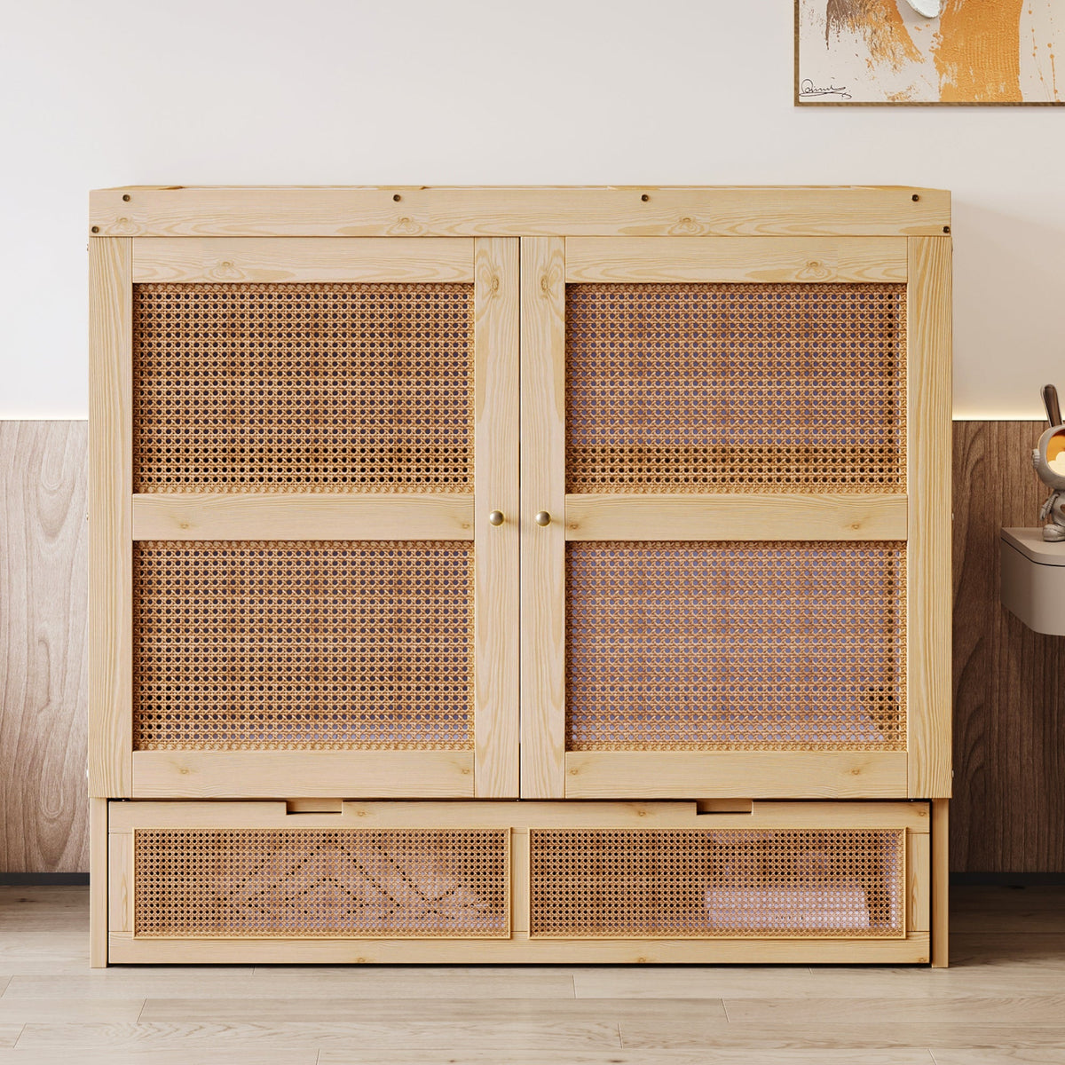 Vertical Wall Bed with Slatted Base and Storage Drawers, 140 x 200 cm, Wood Color