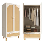 Wardrobe 2 Doors Rattan Large Drawer Adjustable Shelves White