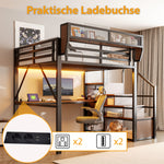 Loft Bed 140x200 with Desk, LED Light & Storage, Black Metal