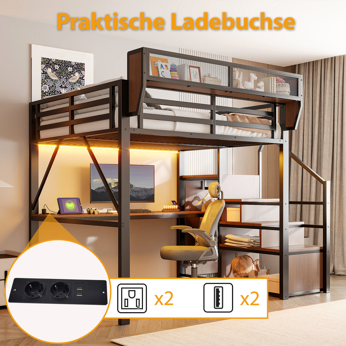 Loft Bed 140x200 with Desk, LED Light & Storage, Black Metal