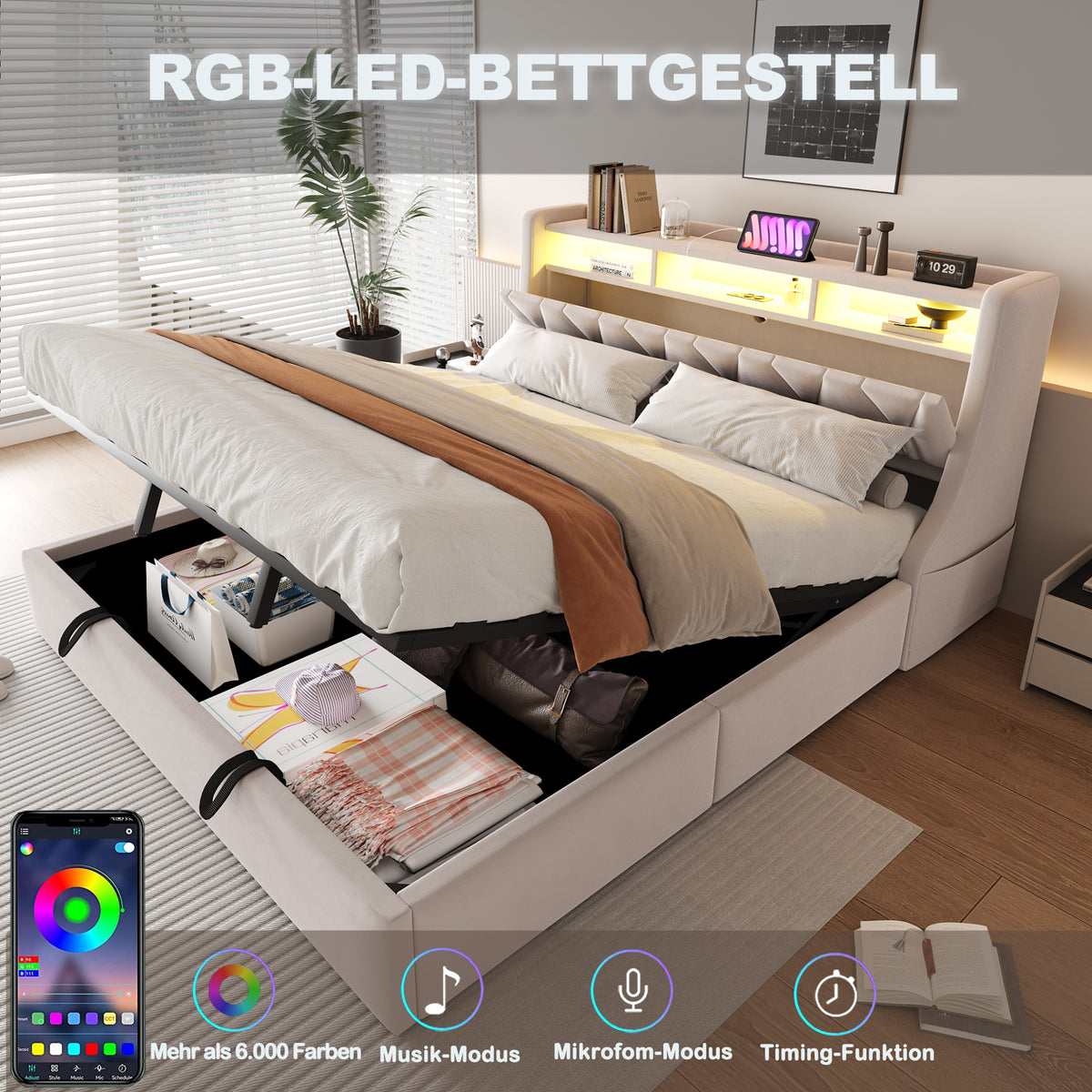 Upholstered Bed 180x200 with Hydraulic Storage & LED, Beige Velvet