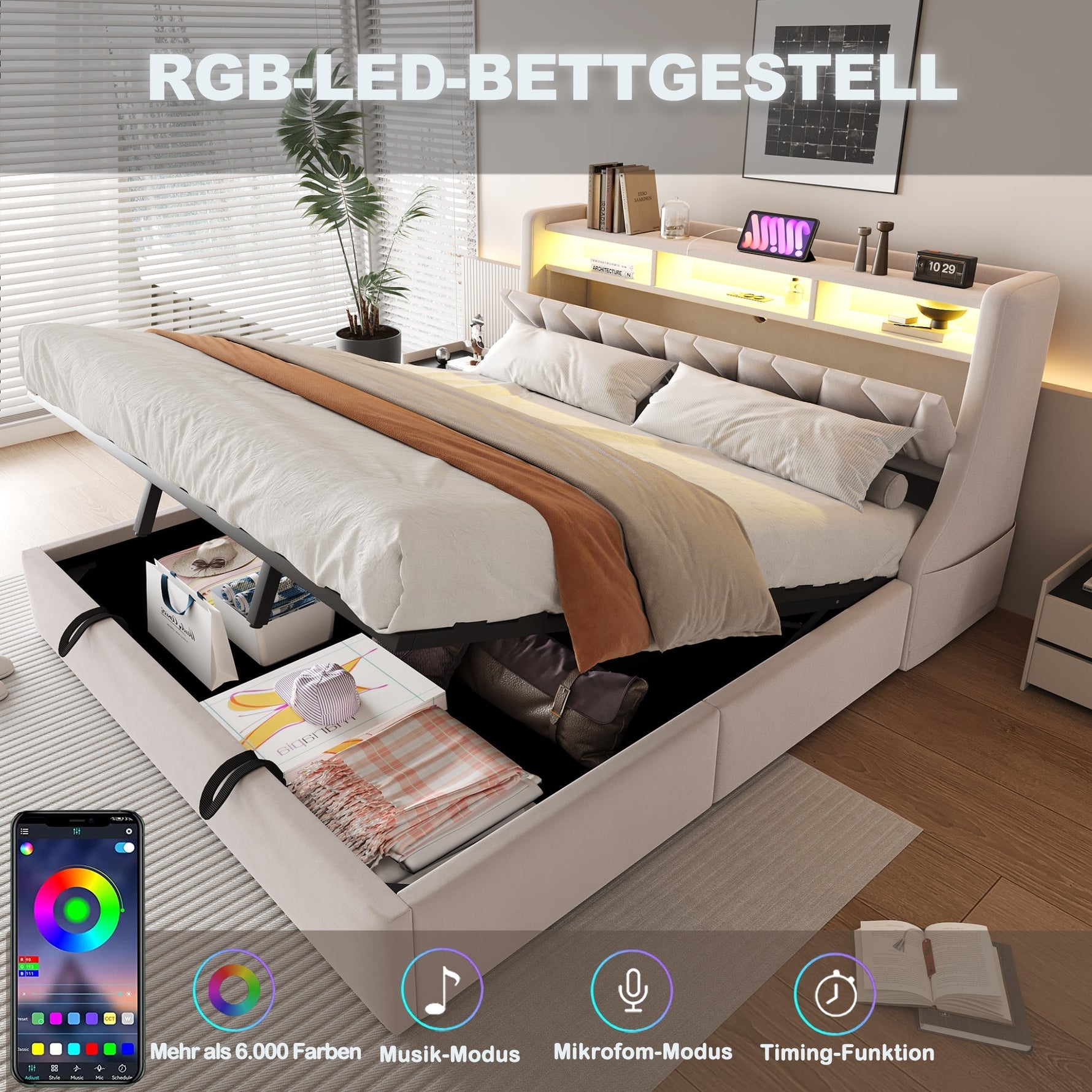 Upholstered Bed 180 x 200 cm, Hydraulic Storage with Fold-Down Headboard and LED Lighting, Beige Velvet