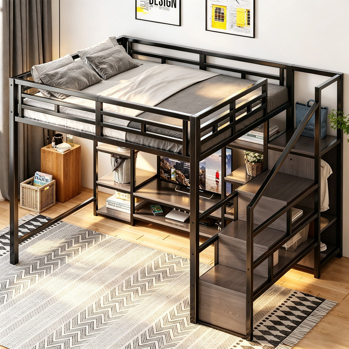 Loft Bed with TV Stand, Power Outlet and Safety Ladder, 140x200cm, Black Metal and Wood
