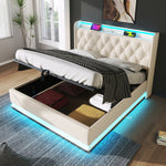 Upholstered Double Bed, 360° LED, Hydraulic Storage & USB-C Charging, White PU