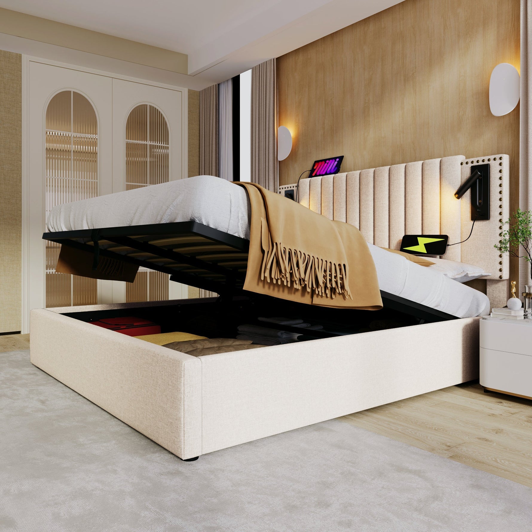 Upholstered Double Bed 180x200 with Storage, Bed Box and USB Reading Light, Beige Cotton