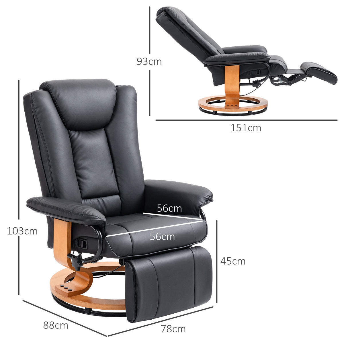 Swivel Recliner TV Chair, Footrest 150 kg Capacity, Faux Leather Black