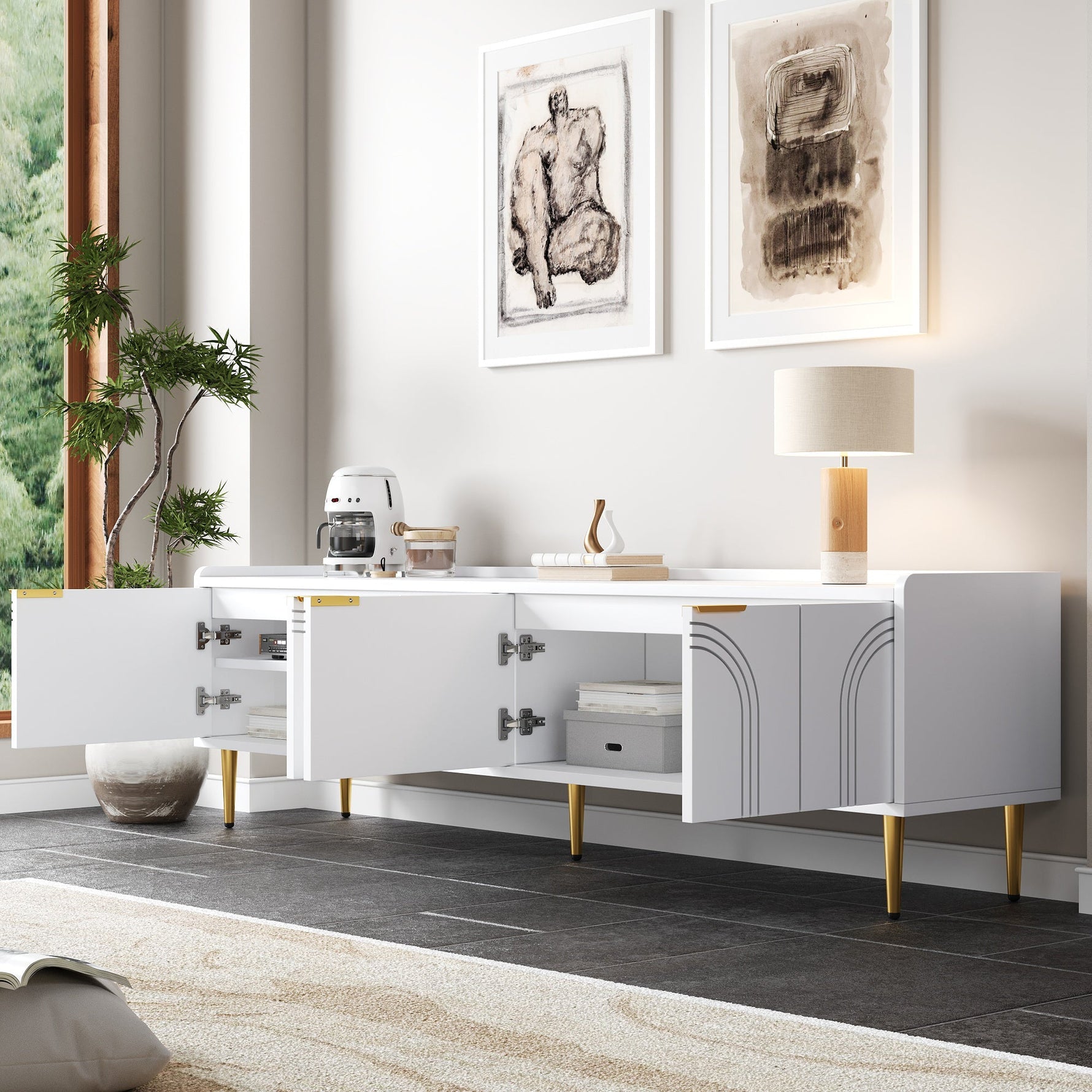 TV Cabinet Lowboard 170cm Textured Door Gold Handles/Feet
