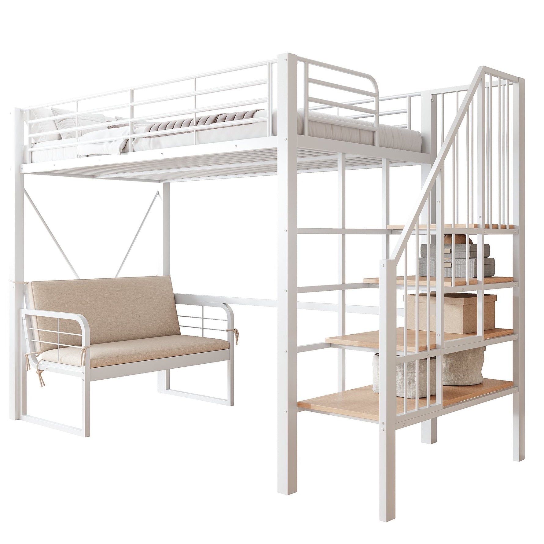 Bunk Bed with Removable Sofa, Storage and Safety Stairs, 90x200cm, White Metal