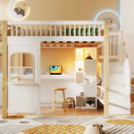 Loft Bed 140x200cm with LED Lights, Desk, and Storage Ladder, White + Natural