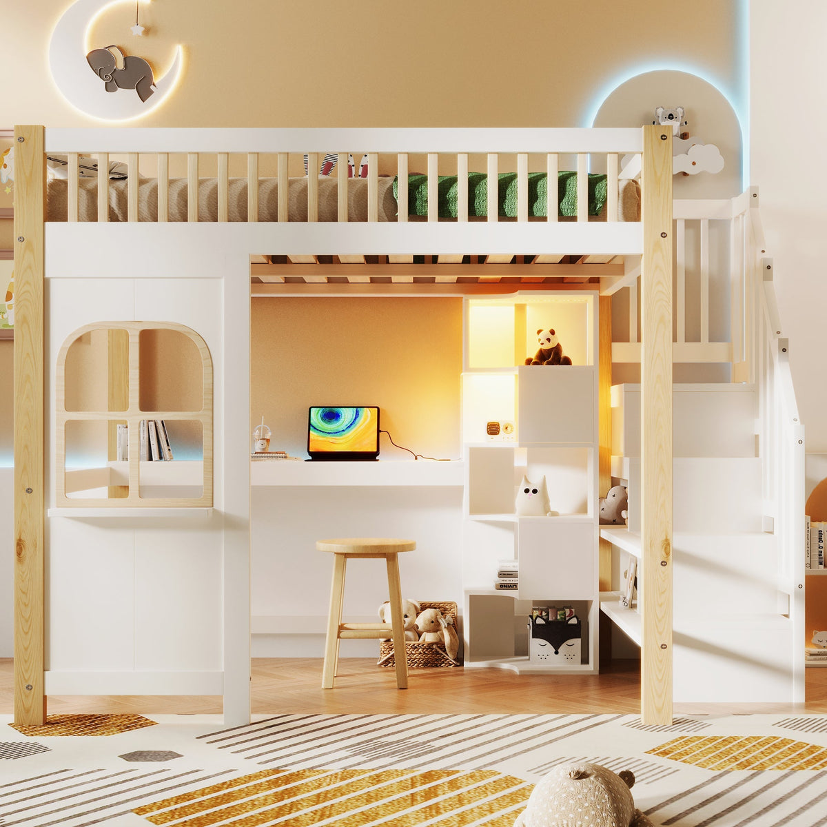 Loft Bed 140x200cm with LED Lights, Desk, and Storage Ladder, White + Natural