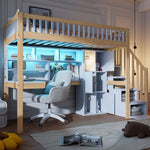 Loft Bed with LED Lights, Desk, Shelves and Storage Ladder, 90x200cm, White and Natural Wood