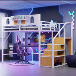 Metal Loft Bed 140x200cm with Storage Ladder & Desk, White Metal Frame