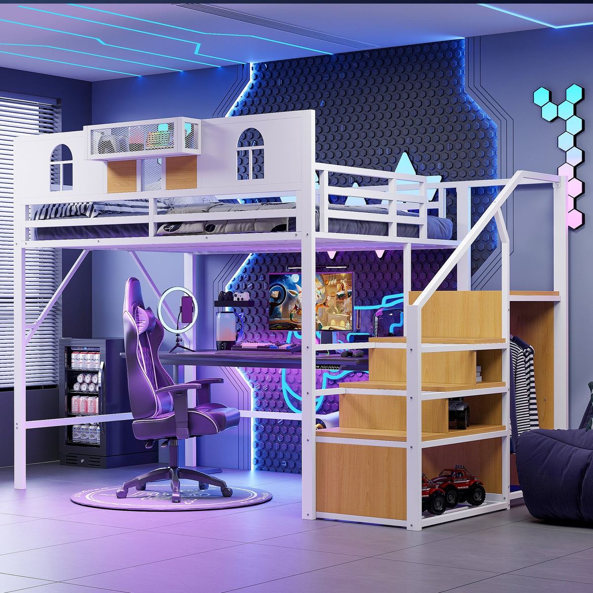 Metal Loft Bed 140x200cm with Storage Ladder & Desk, White Metal Frame