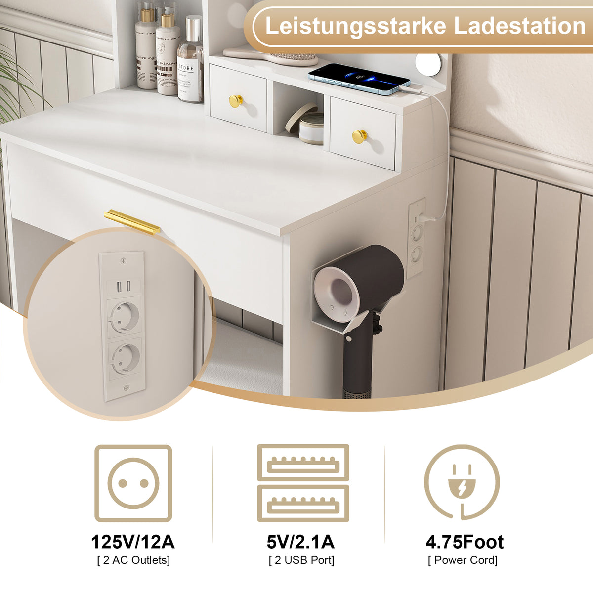 Small Vanity Desk Set with LED Mirror & Stool, White