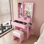 Small Vanity Set with LED Mirror, Storage & Stool, Pink