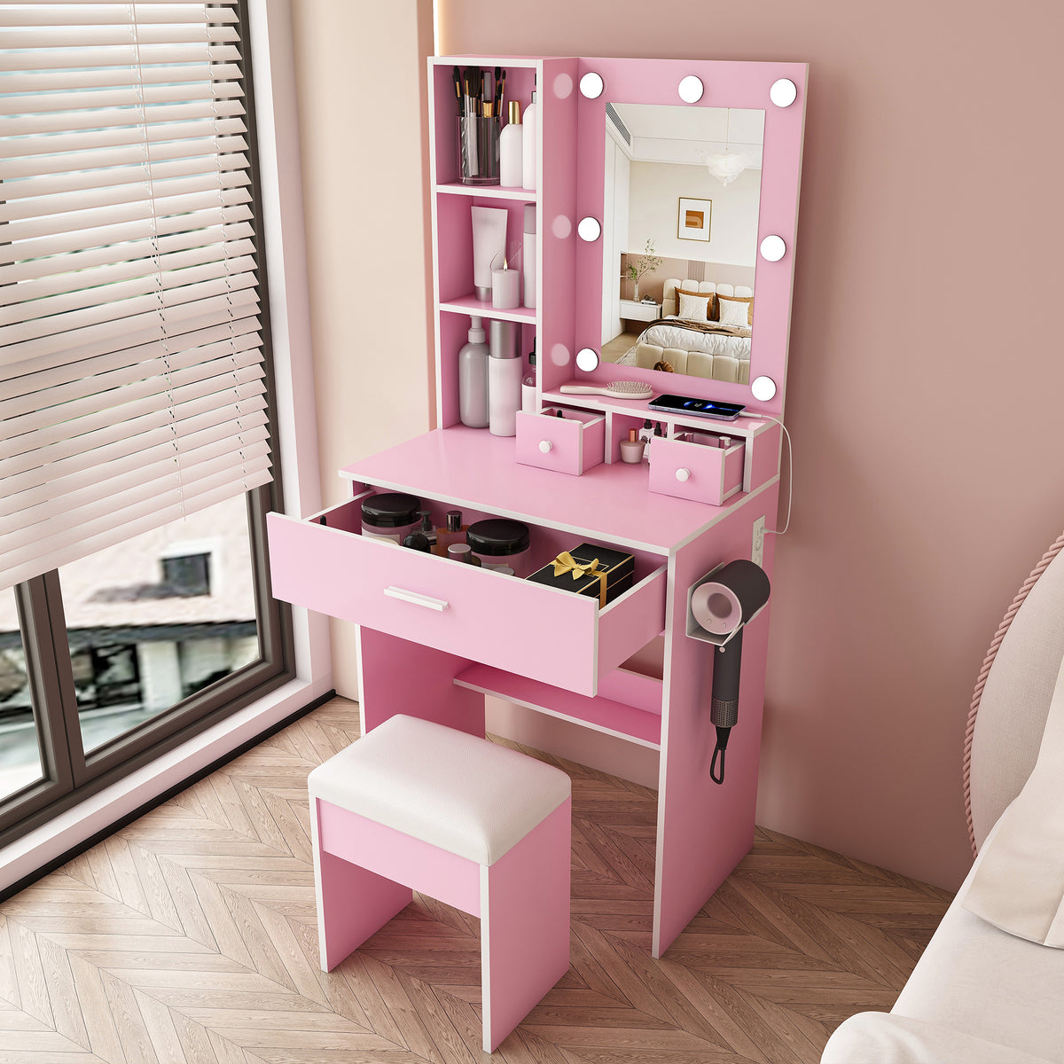 Small Vanity Set with LED Mirror, Storage & Stool, Pink