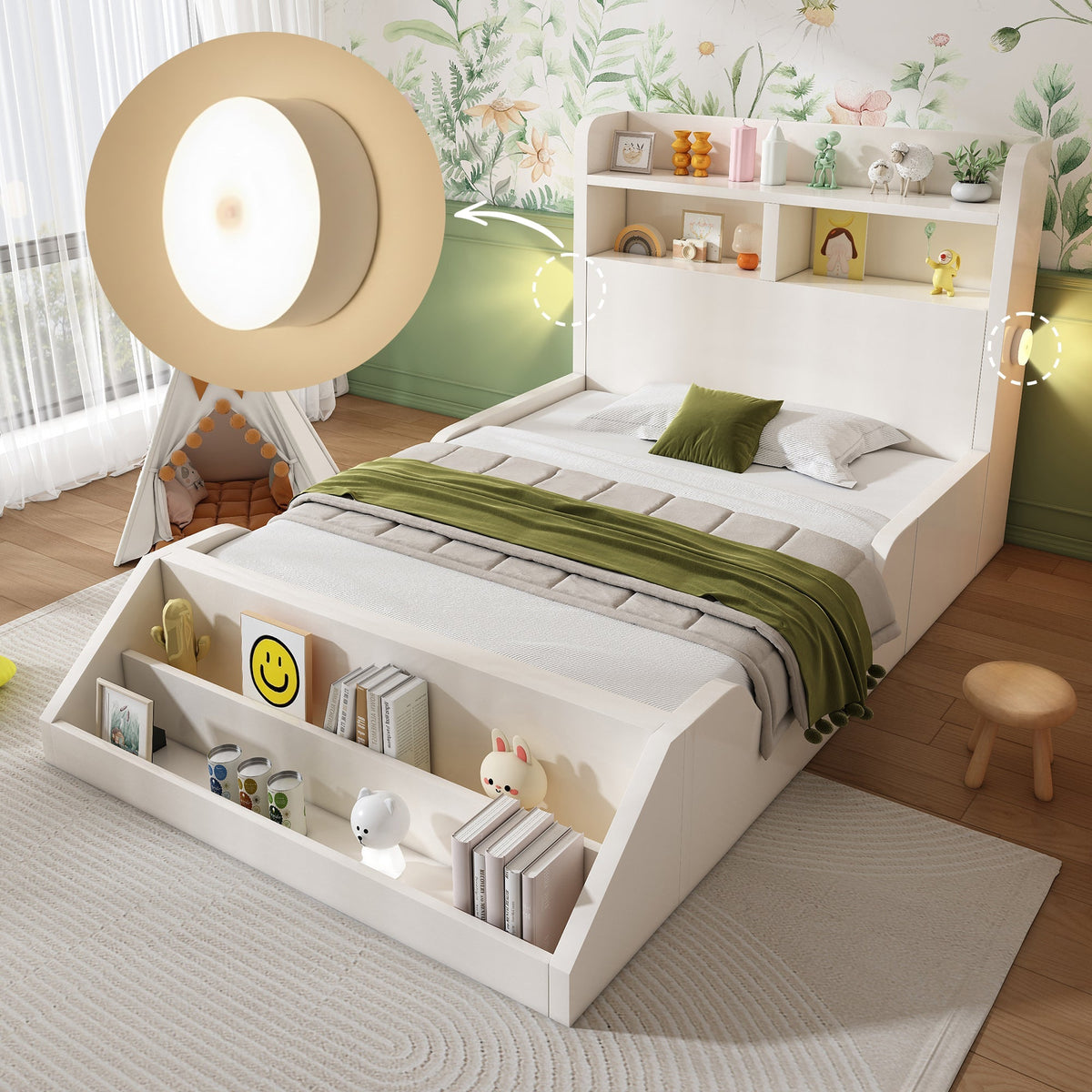 Wooden Single Bed with Shelves, Nightlights and Removable Bookshelf, White