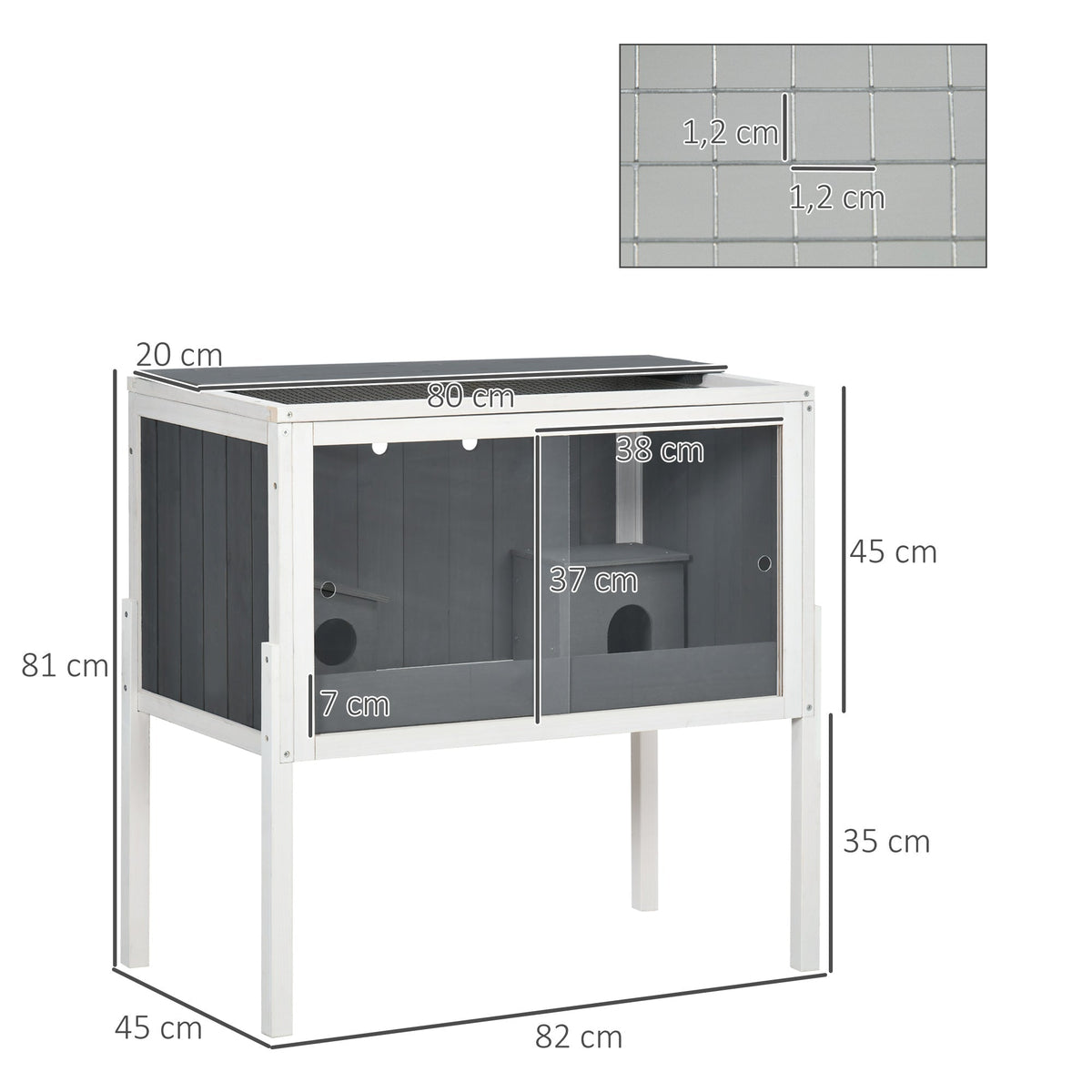 Hamster Cage, 2 Huts, 82 x 45 x 81 cm, Grey Wood