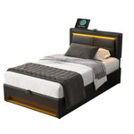Upholstered Bed 90x200cm USB Charging LED Storage - Black PU Lychee