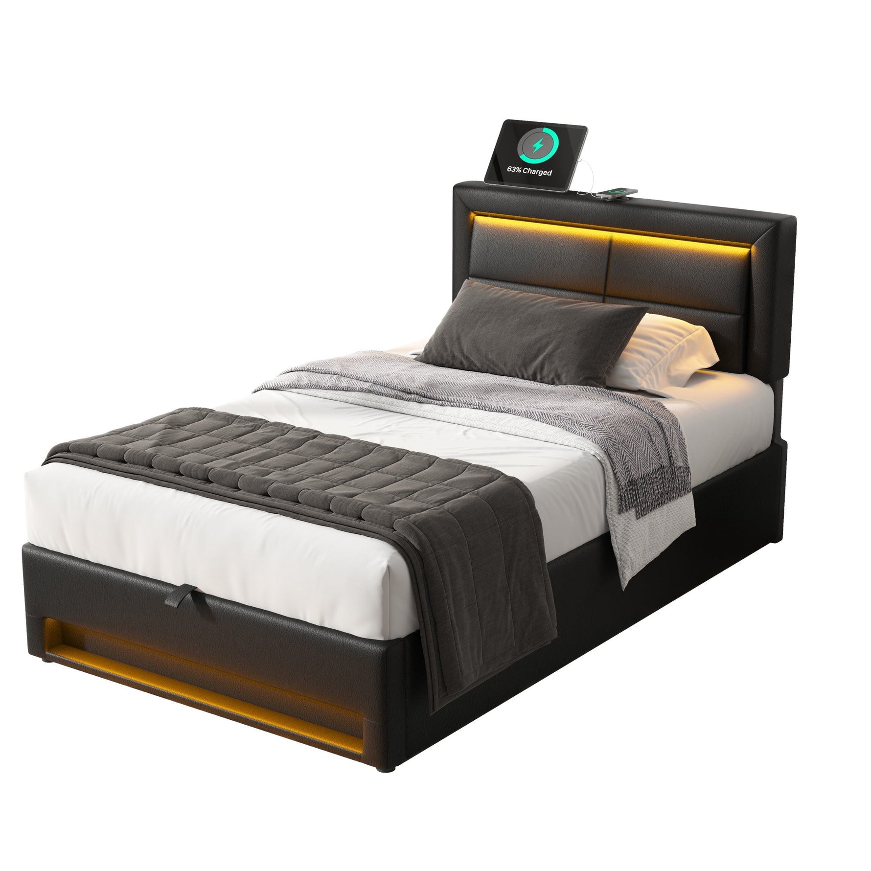 Upholstered Bed 90x200cm USB Charging LED Storage - Black PU Lychee