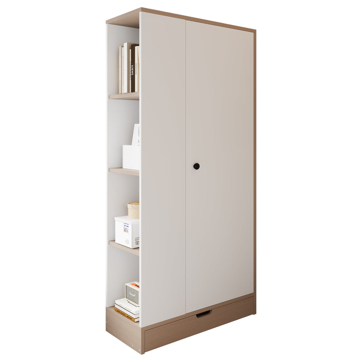 Wardrobe 70x40x170cm Single Door with Shelves and Drawers, Natural Wood/White