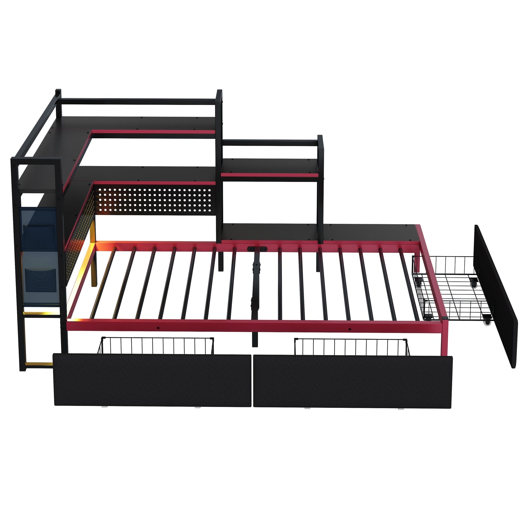 Gaming-Style Metal Bed Frame with 3 Drawers, LED Lighting, USB Ports, Pegboard and Side Shelves, Black Metal