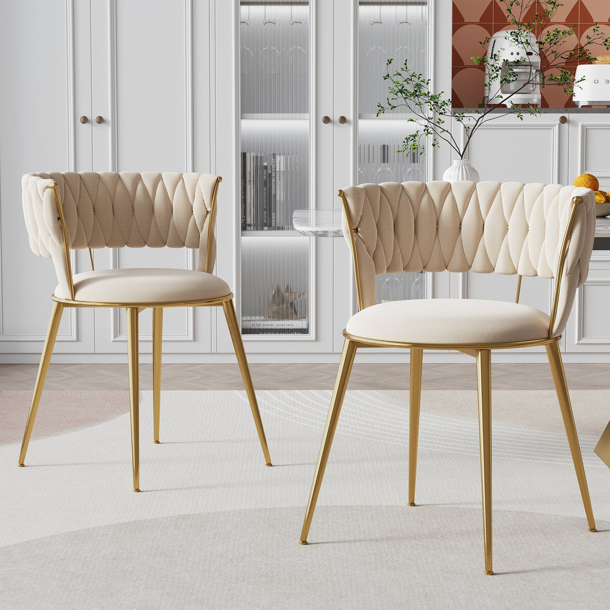 Soft Velvet Dining Chair Set - 2-Piece, Padded, Finger-Shaped Backrest, Armrests