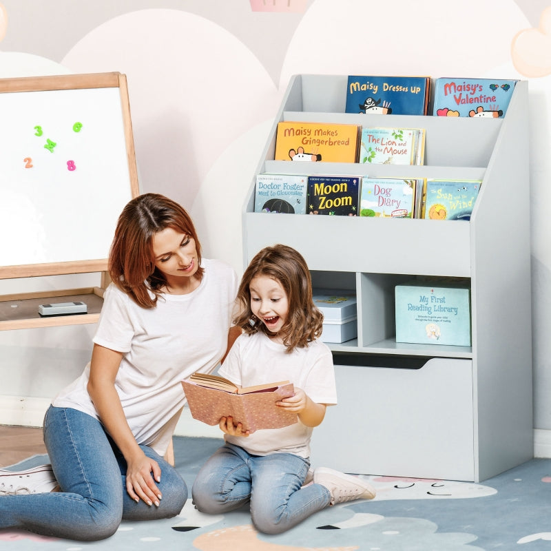 Children's Bookcase, 3 Shelves 2 Open Compartments, Grey