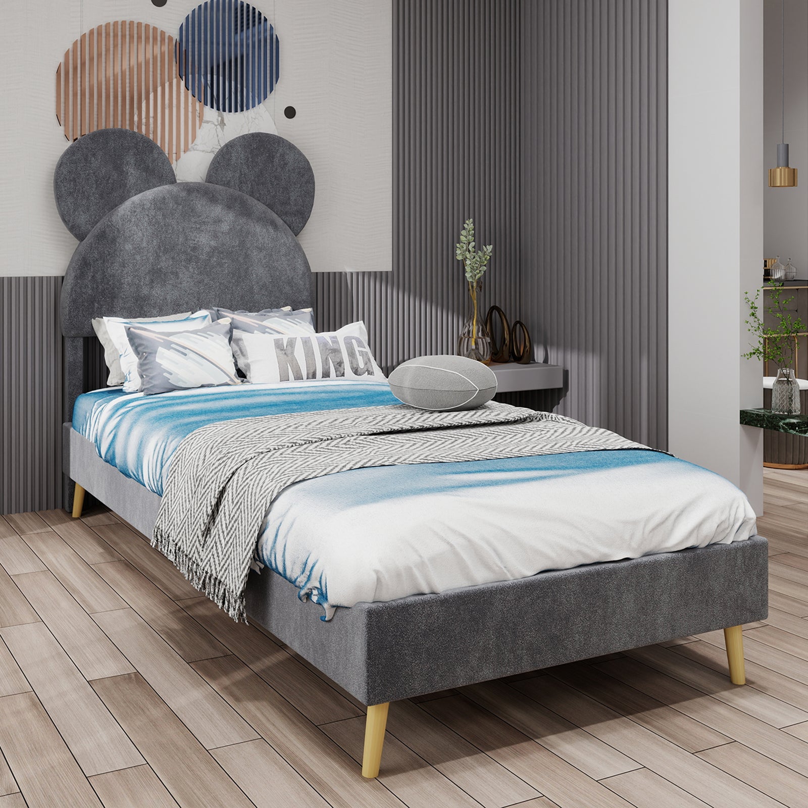 Bed, Upholstered with Cartoon Headboard, Low-Profile Non-Storage, Grey