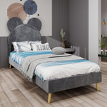 Bed, Upholstered with Cartoon Headboard, Low-Profile Non-Storage, Grey