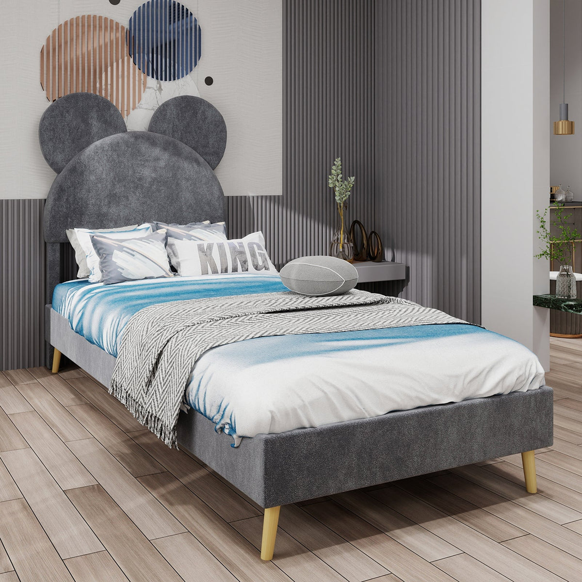 Bed, Upholstered with Cartoon Headboard, Low-Profile Non-Storage, Grey