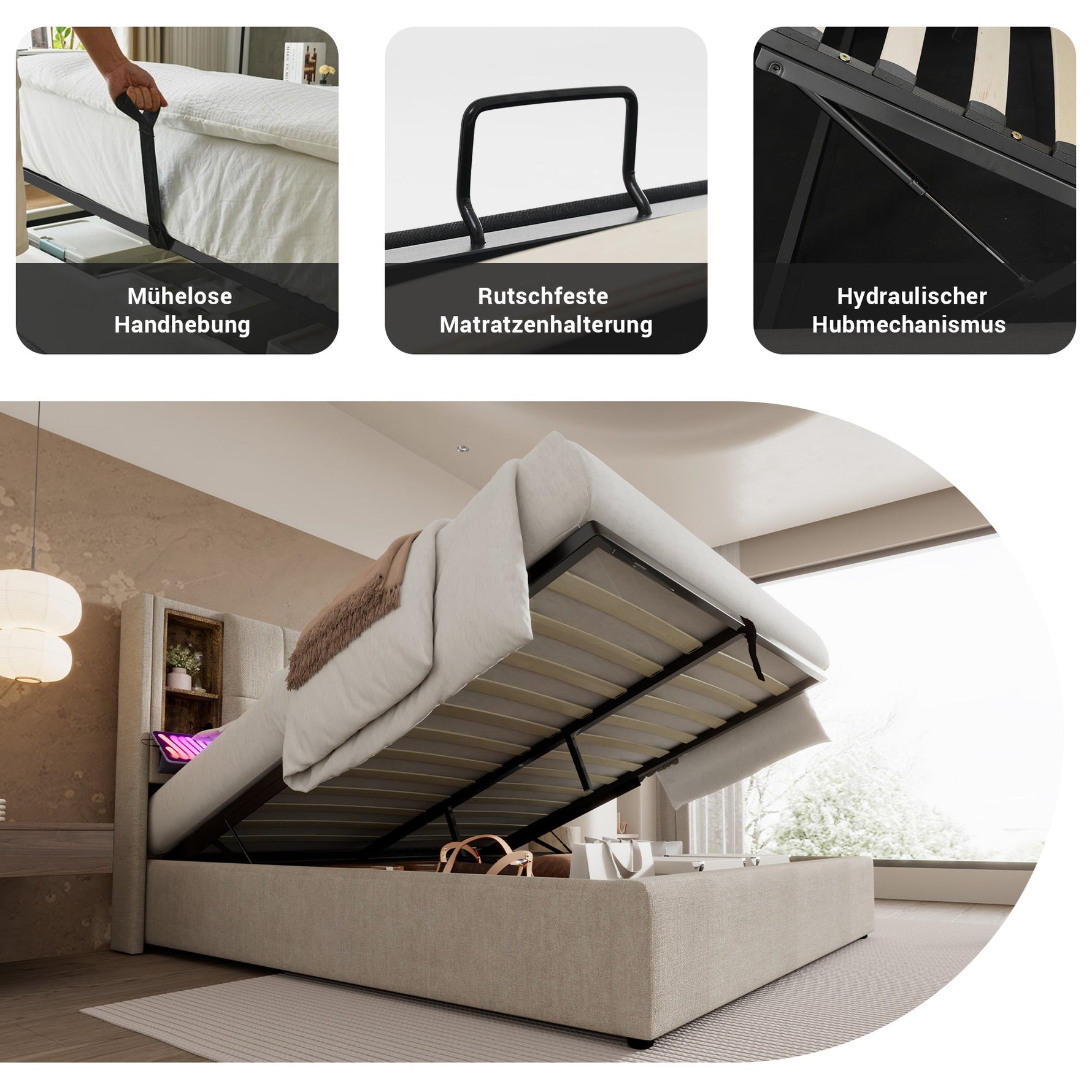 Double Bed, Wireless Charging USB C, Storage, 140x200cm, Wood-Natural Linen