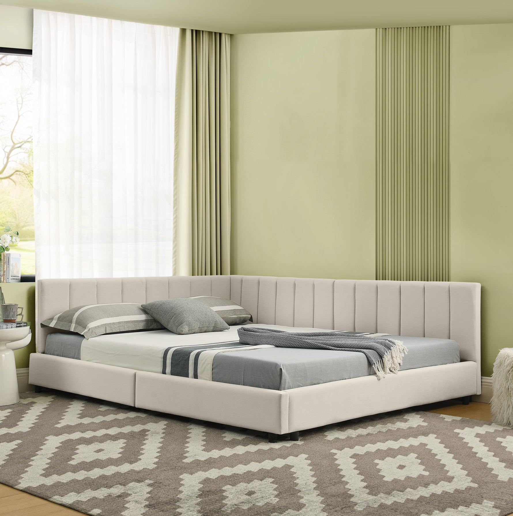Double Bed 140x200cm High Backrest, Velvet Beige