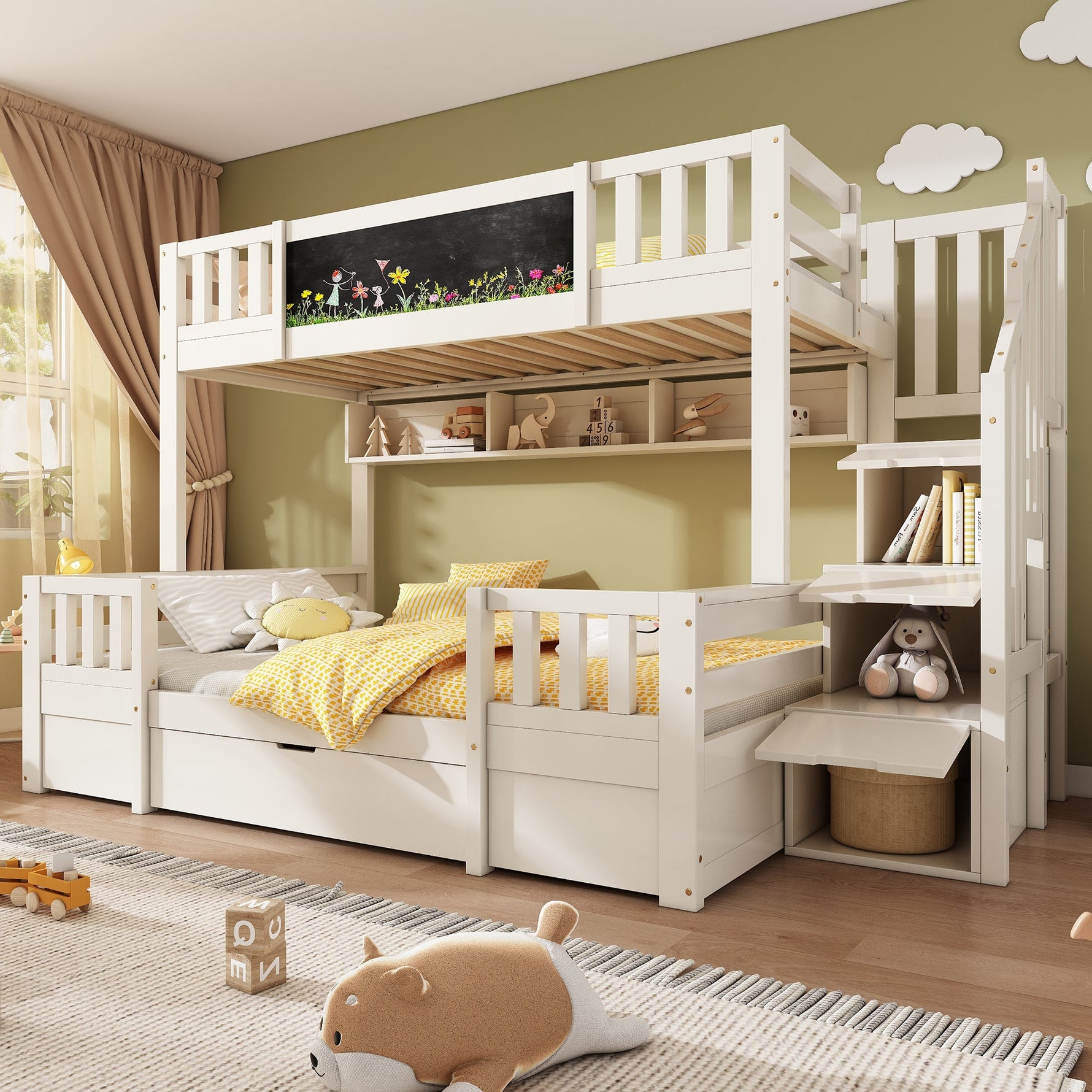 Bunk Bed for 3 Children with Chalkboard, Storage Stairs and Drawers, White Solid Wood