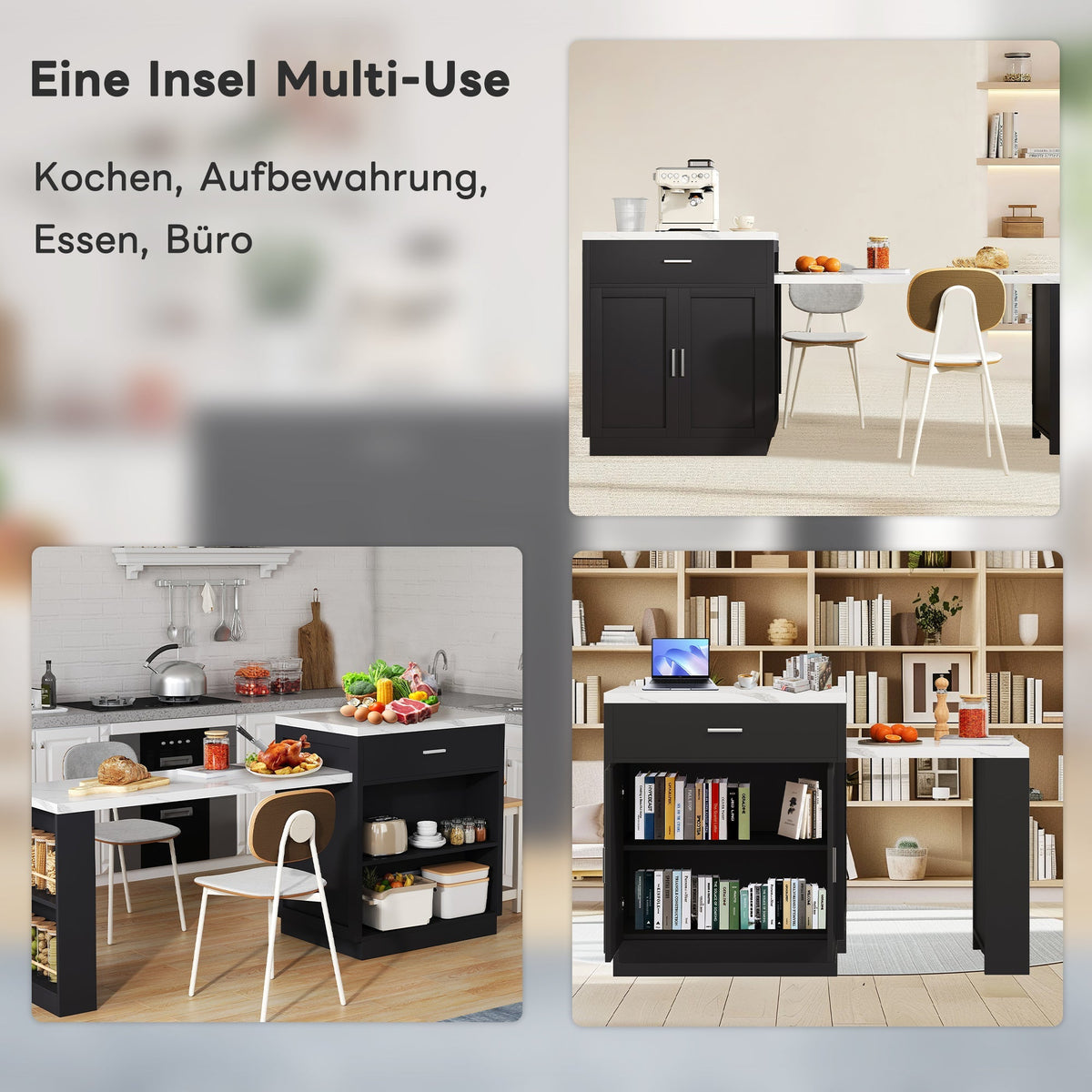 Kitchen Island with Extendable Dining Table for 4-6 People, Power Outlet and Storage Drawers, Black and White Marble Look