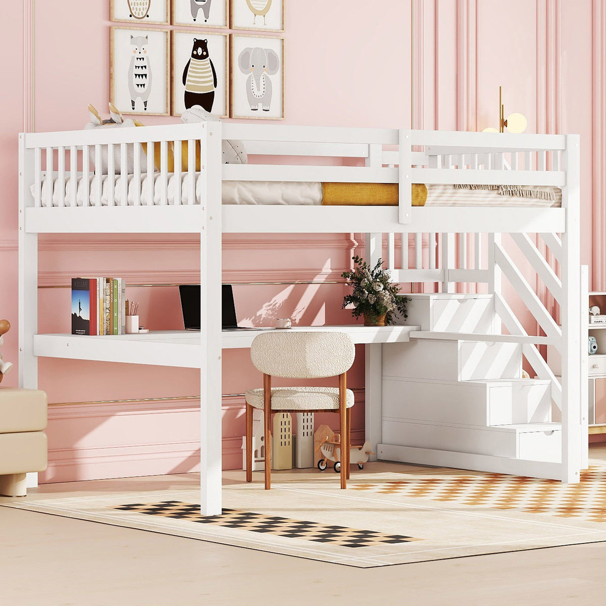 Children's Loft Bed 140x200cm with Storage Drawers & Desk, White