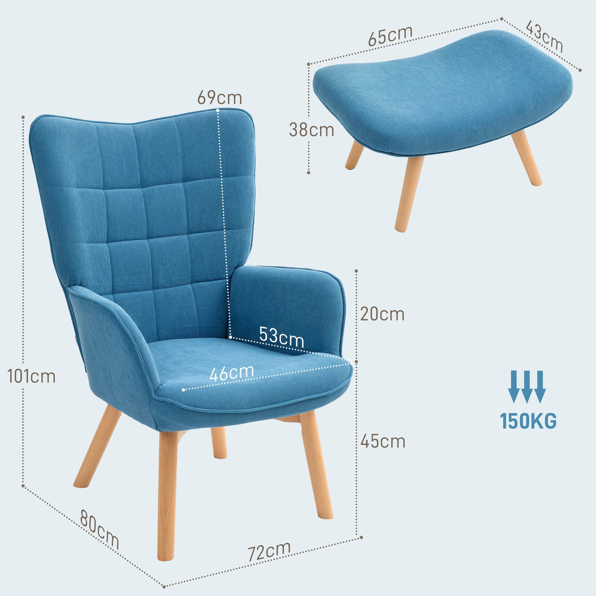 Armchair with Stool, Wingback High Back Tufted Lounge, Blue Corduroy
