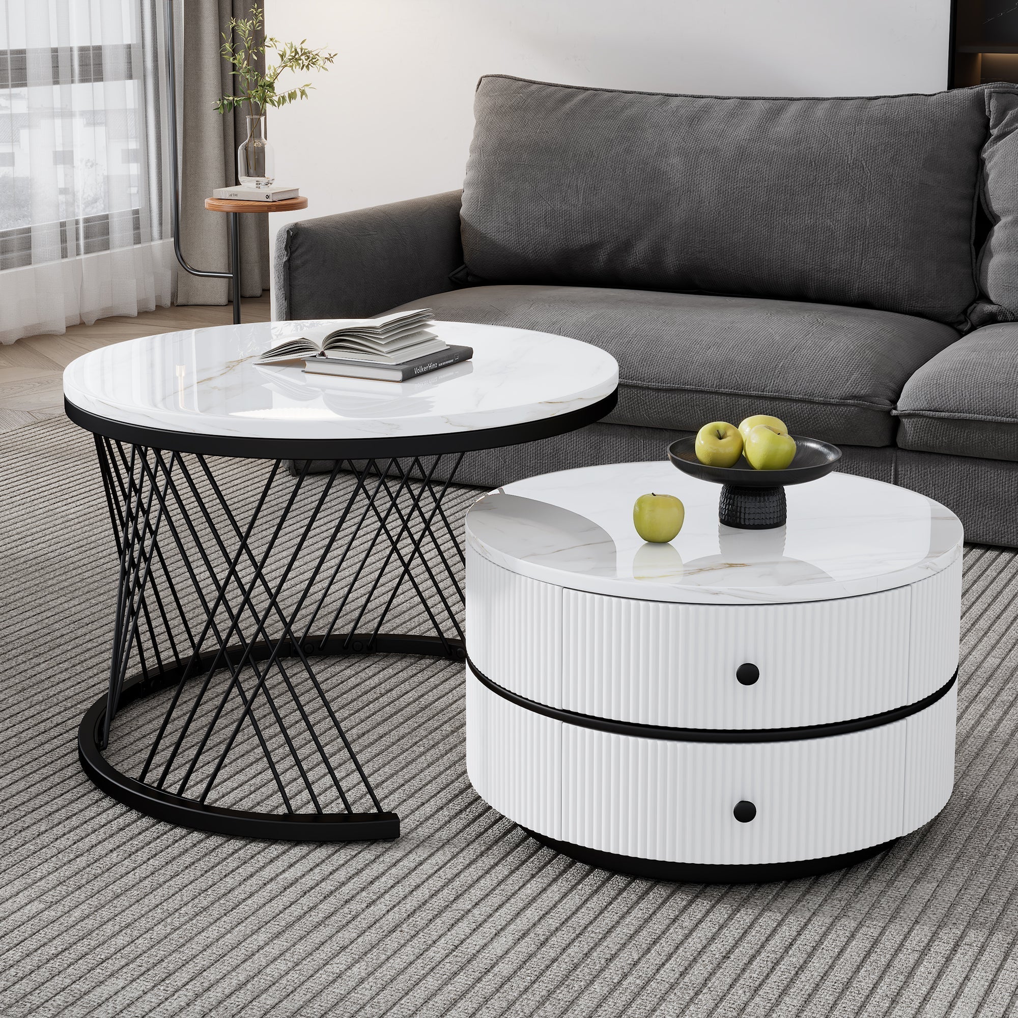 Elegant 2-Piece Nesting Coffee Table Set, Round High-Gloss Marble Look with 2 Drawers, White