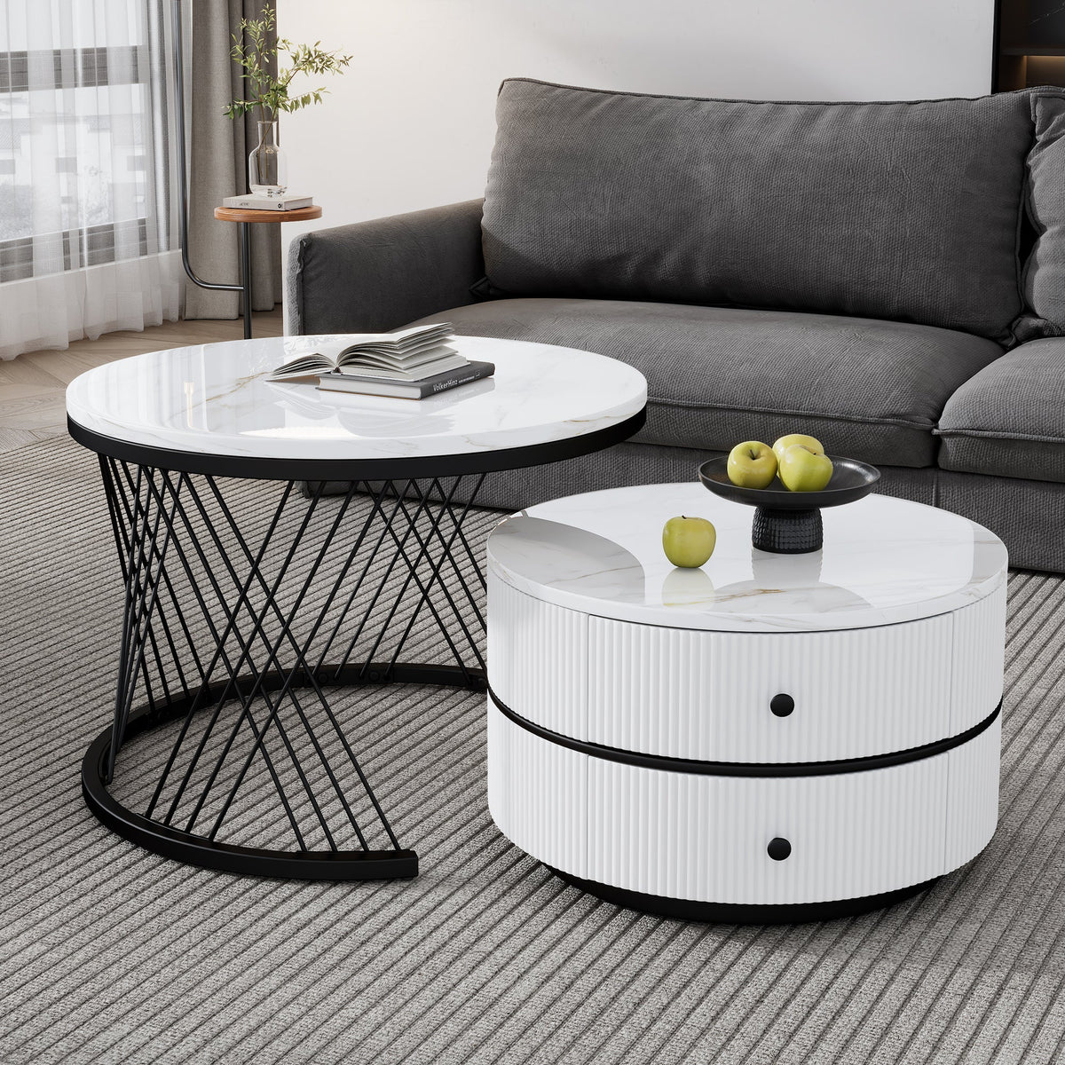 Elegant 2-Piece Nesting Coffee Table Set, Round High-Gloss Marble Look with 2 Drawers, White