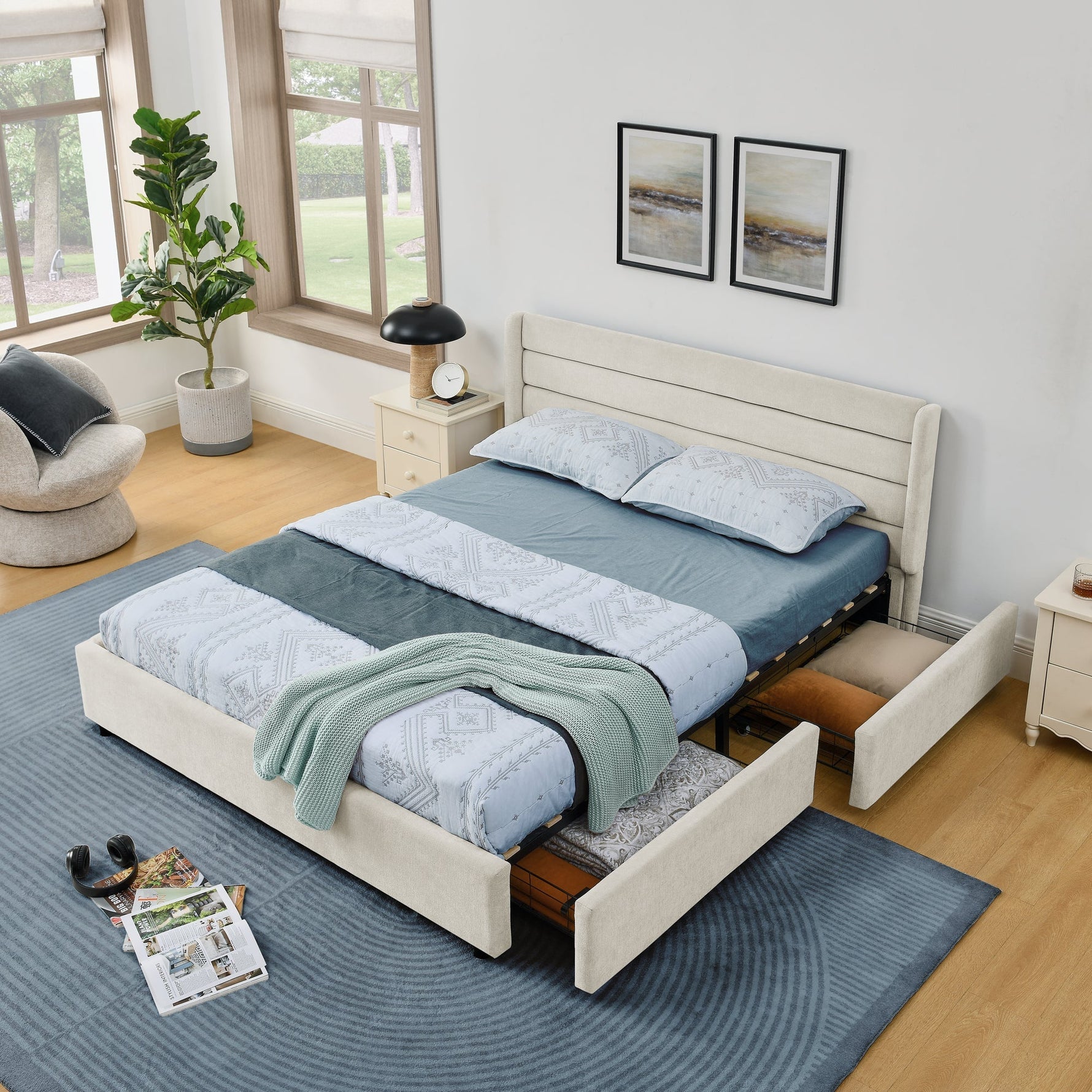 Double Bed 140x200cm 4 Storage Drawers Chenille - Beige