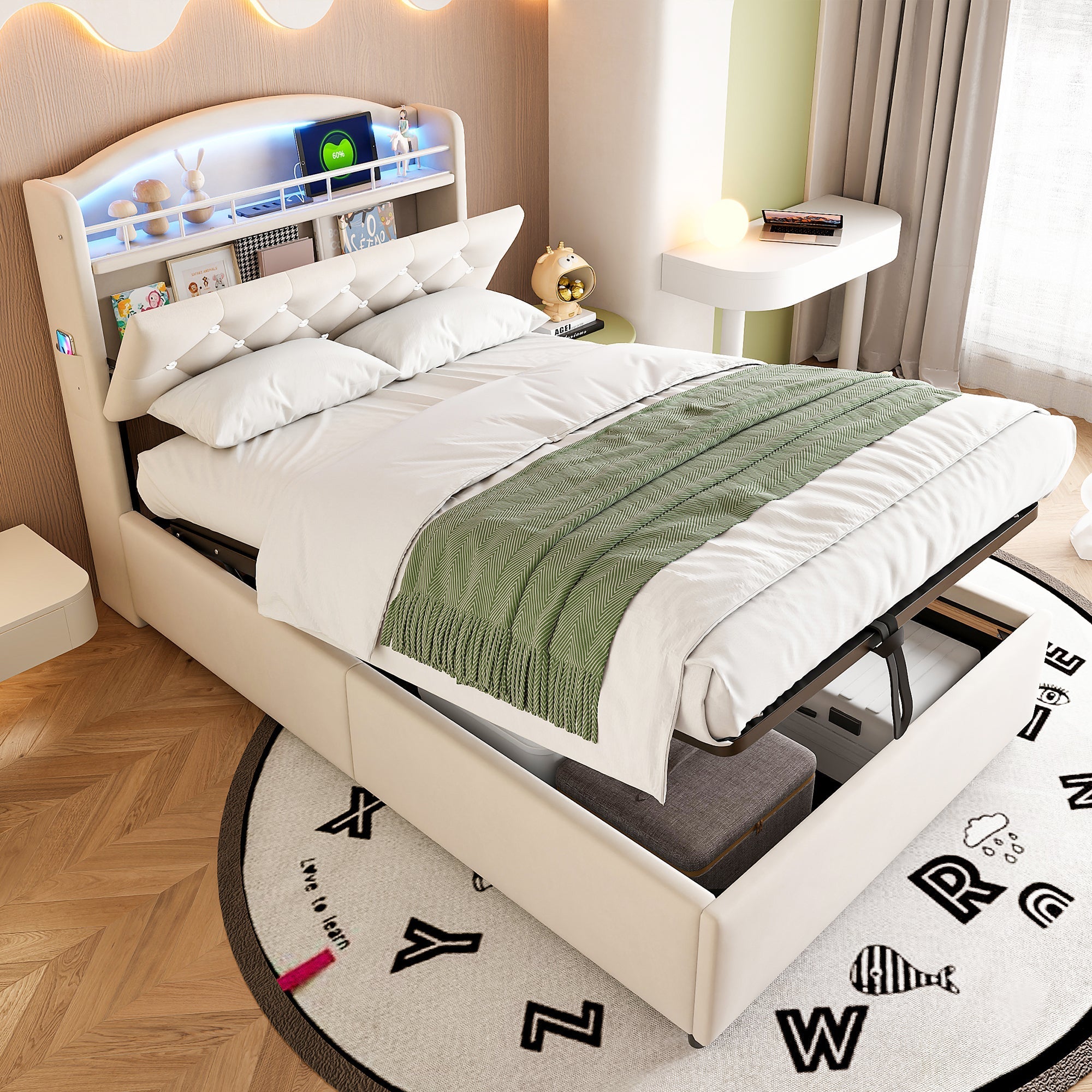 Children's Upholstered Bed 90x200, Multifunctional with Storage, LED & USB, Velvet Beige