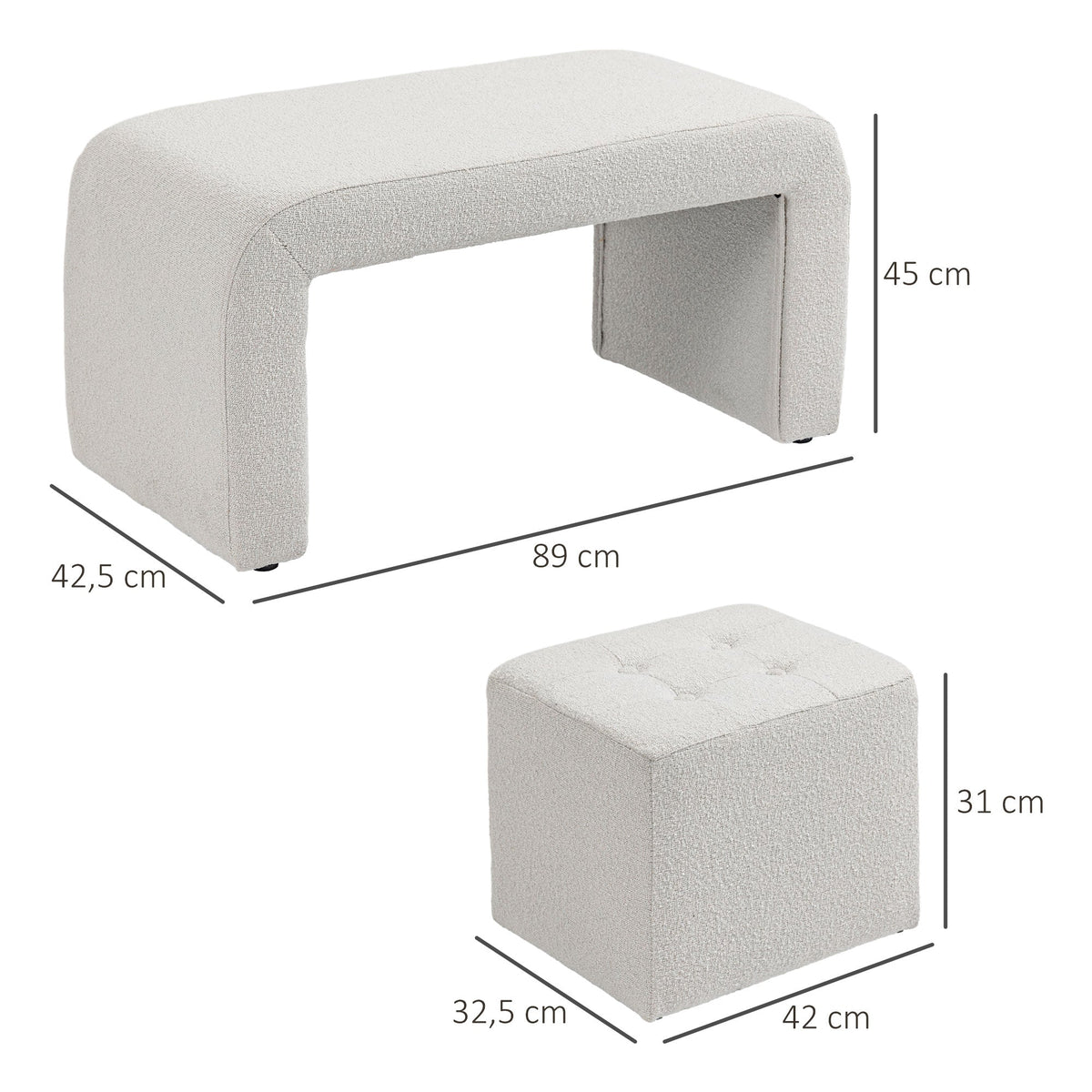 Footstool Set, 3-Piece Ottoman Seat, Upholstered, Elegant White