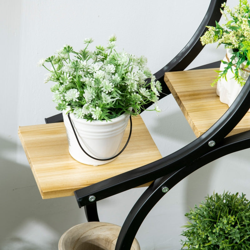 Plant Shelf S-Shaped 4-Tier Stand with Metal Frame and Solid Wood, Black