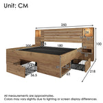 Wooden Double Bed with LED Downlights, USB-C, Floating Bedside Tables and Drawers, 180x200cm, Oak Look