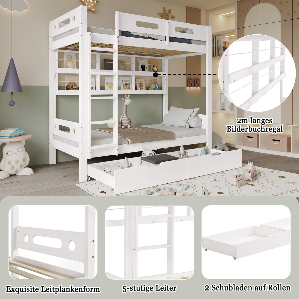 Bunk Bed 90x200 with Drawers & Storage Shelf, White Pine