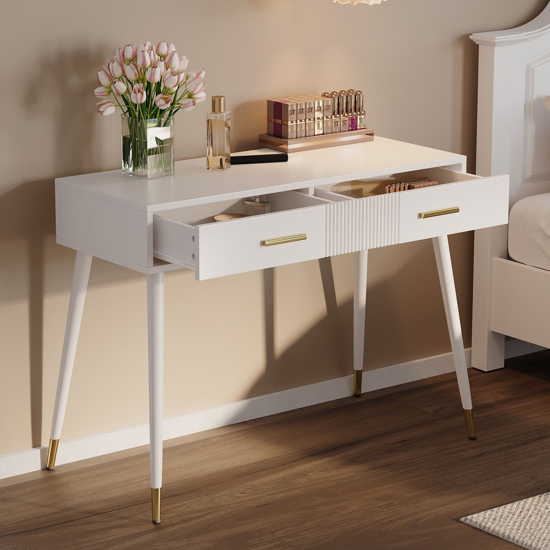 Dressing Table with 2 Drawers, Metal Feet, White