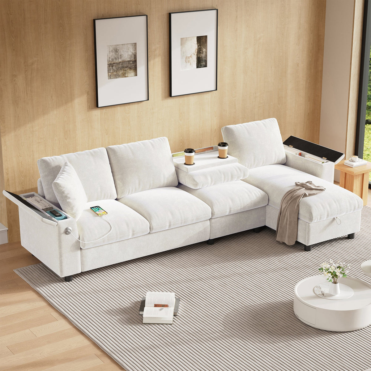 Chenille L-Shape Sofa Reversible Storage Armrests Fold-Out Table USB/Type-C - Beige