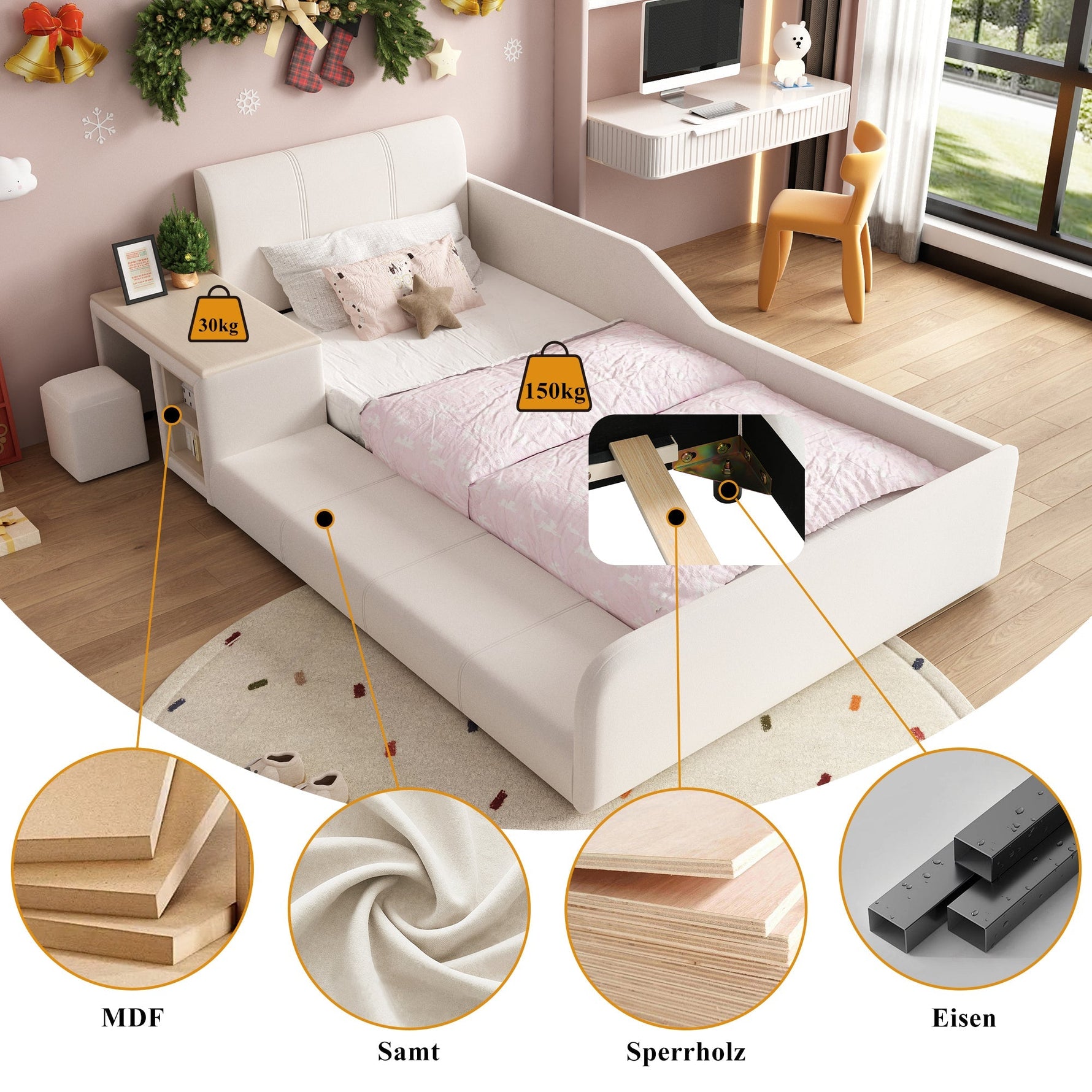 Upholstered Single Bed with Desk, Stool and Storage, 90x200cm, White Velvet